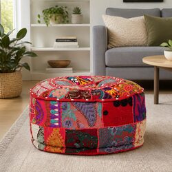 Round Patchwork Pouffe Footstool Ottoman Red Cotton Handmade Embroidered