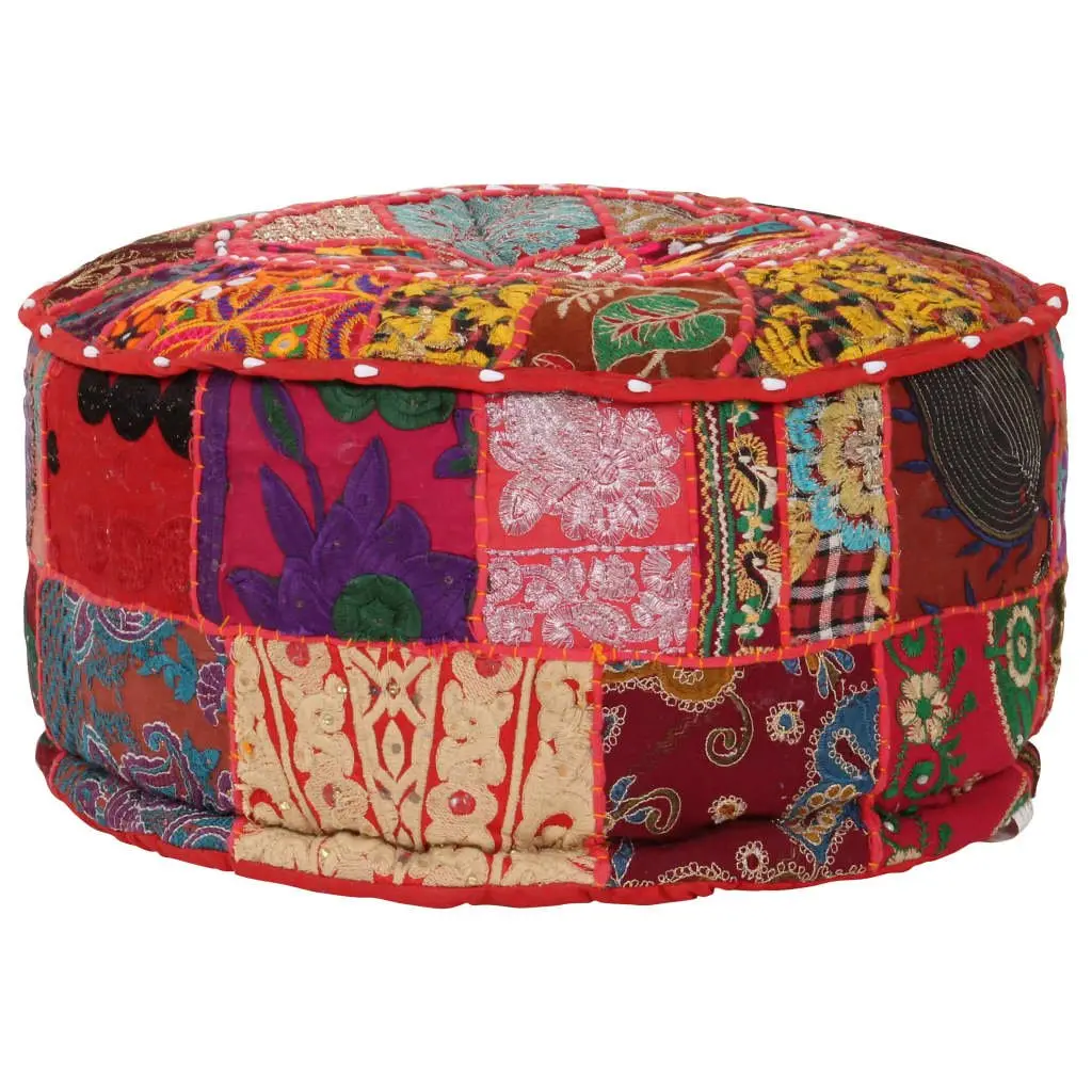 Round Pouffe Red Cotton Handmade Patchwork Embroidered 40 x 20 cm