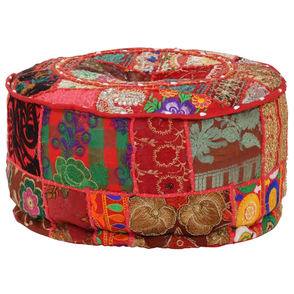 Round Pouffe Red Cotton Handmade Patchwork Embroidered 40 x 20 cm