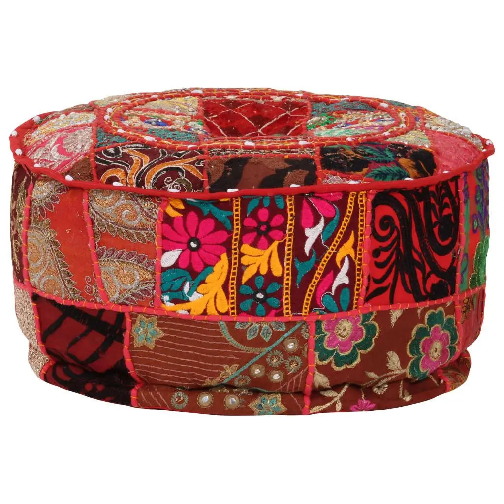 Round Pouffe Red Cotton Handmade Patchwork Embroidered 40 x 20 cm