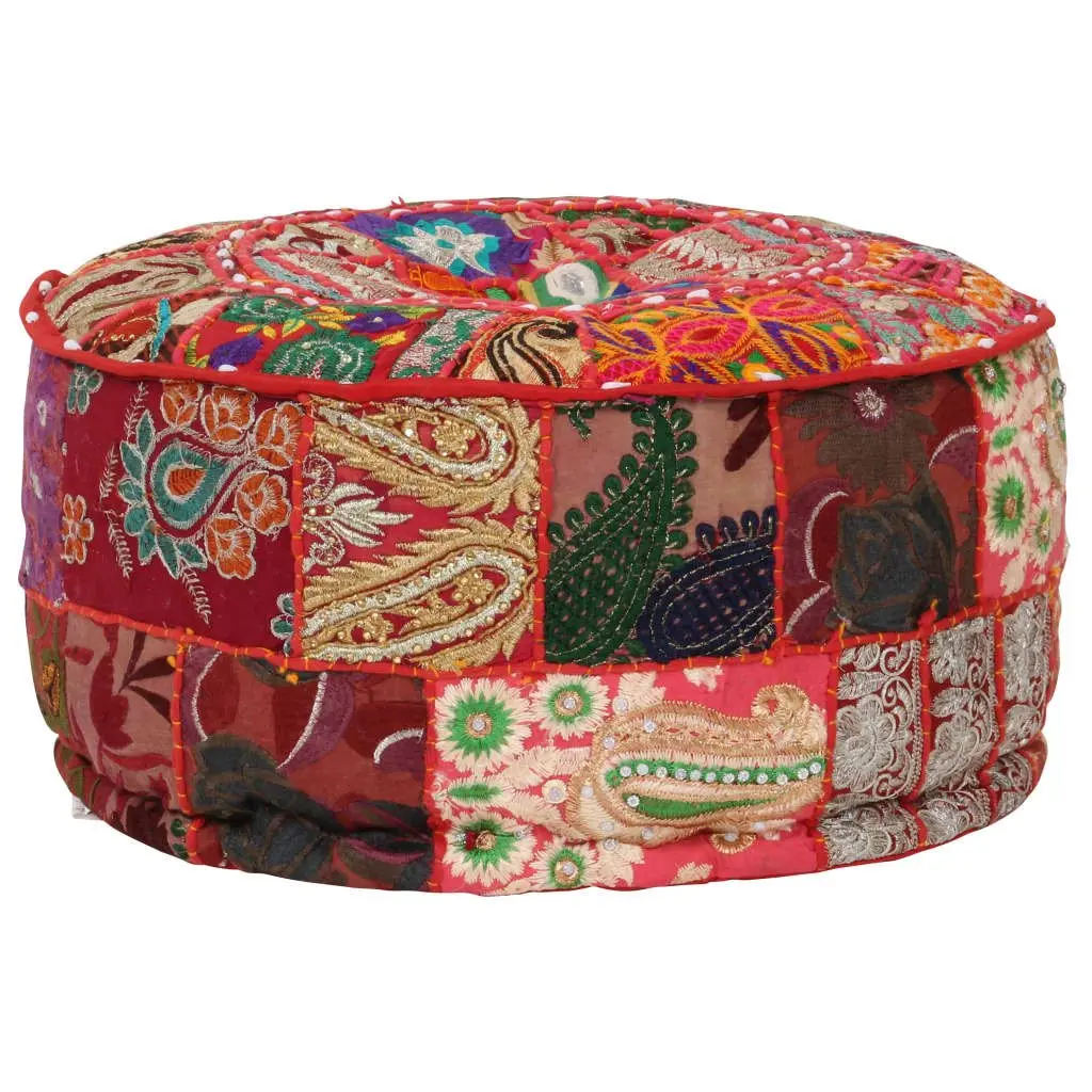 Round Pouffe Red Cotton Handmade Patchwork Embroidered 40 x 20 cm
