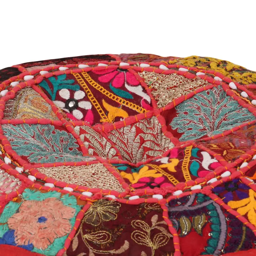 Round Pouffe Red Cotton Handmade Patchwork Embroidered 40 x 20 cm