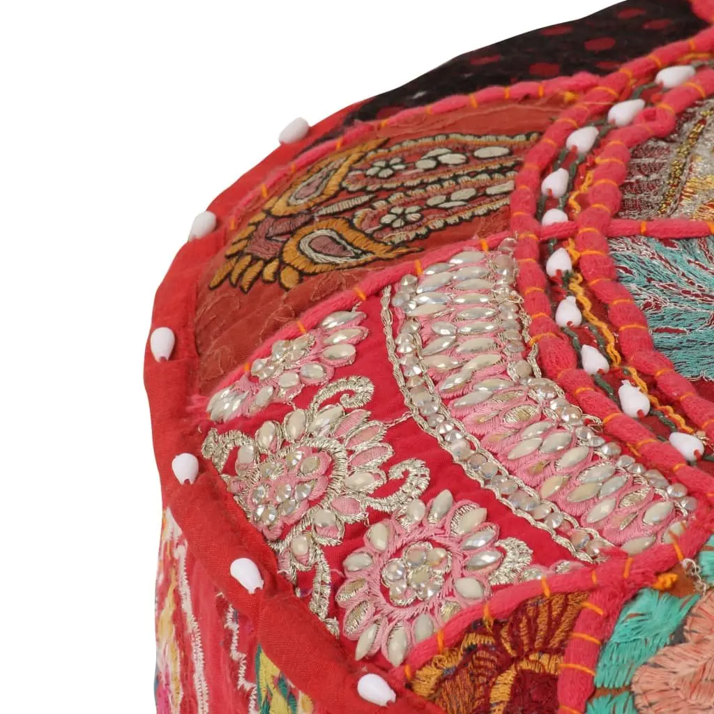Round Pouffe Red Cotton Handmade Patchwork Embroidered 40 x 20 cm