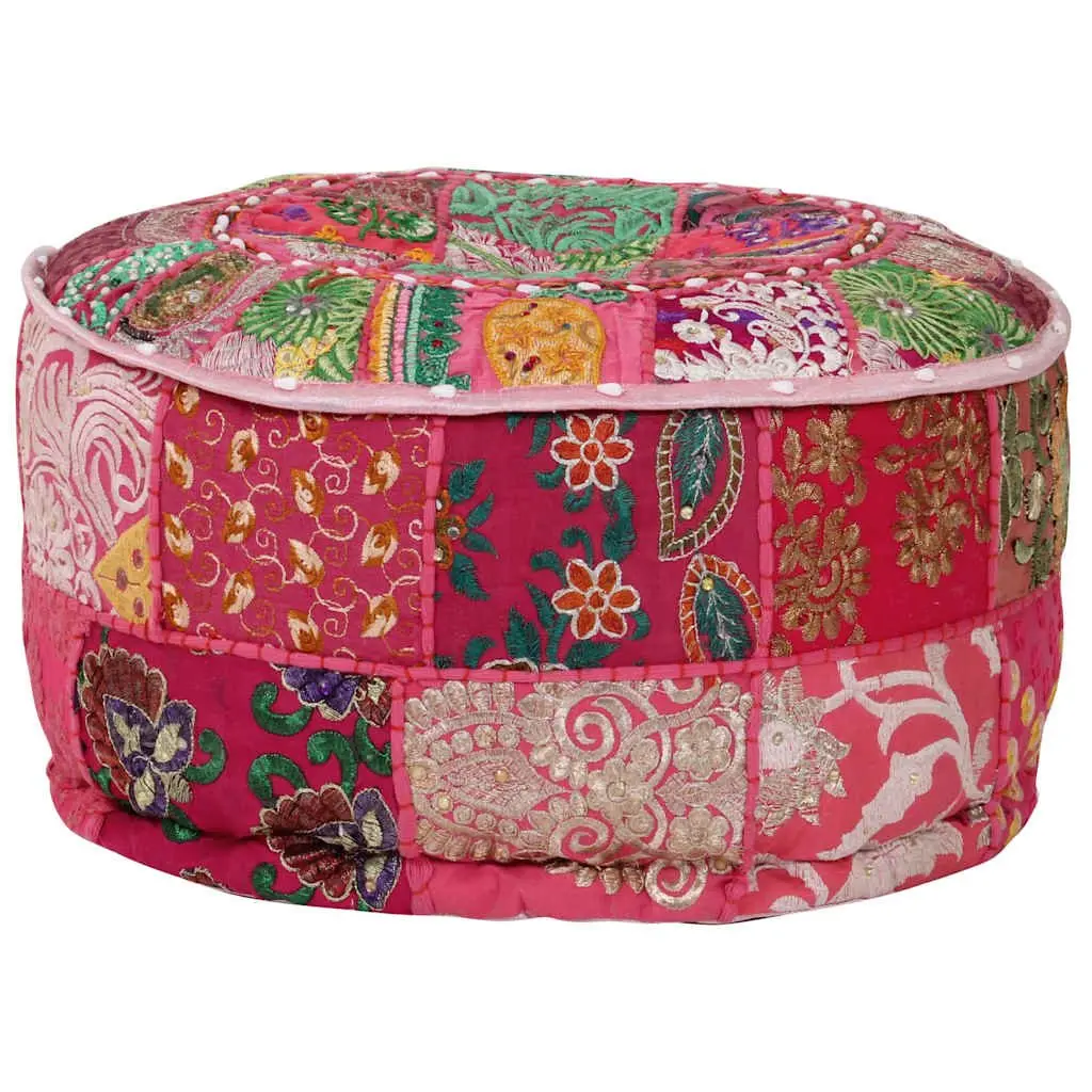 Round Patchwork Pouffe Footrest Handmade Cotton Pink 40x20 cm Boho Decor