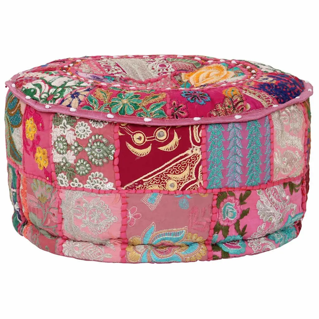 Round Patchwork Pouffe Footrest Handmade Cotton Pink 40x20 cm Boho Decor