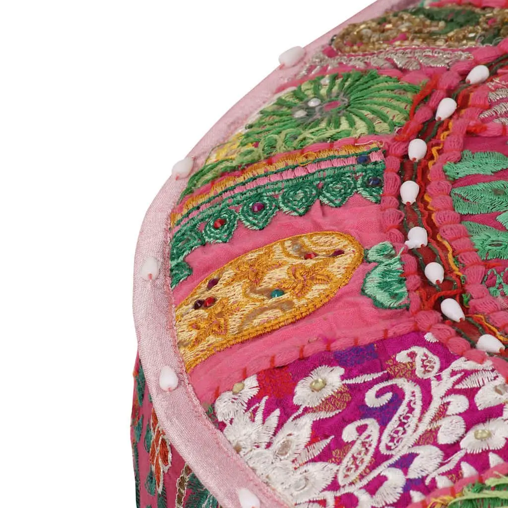 Round Patchwork Pouffe Footrest Handmade Cotton Pink 40x20 cm Boho Decor