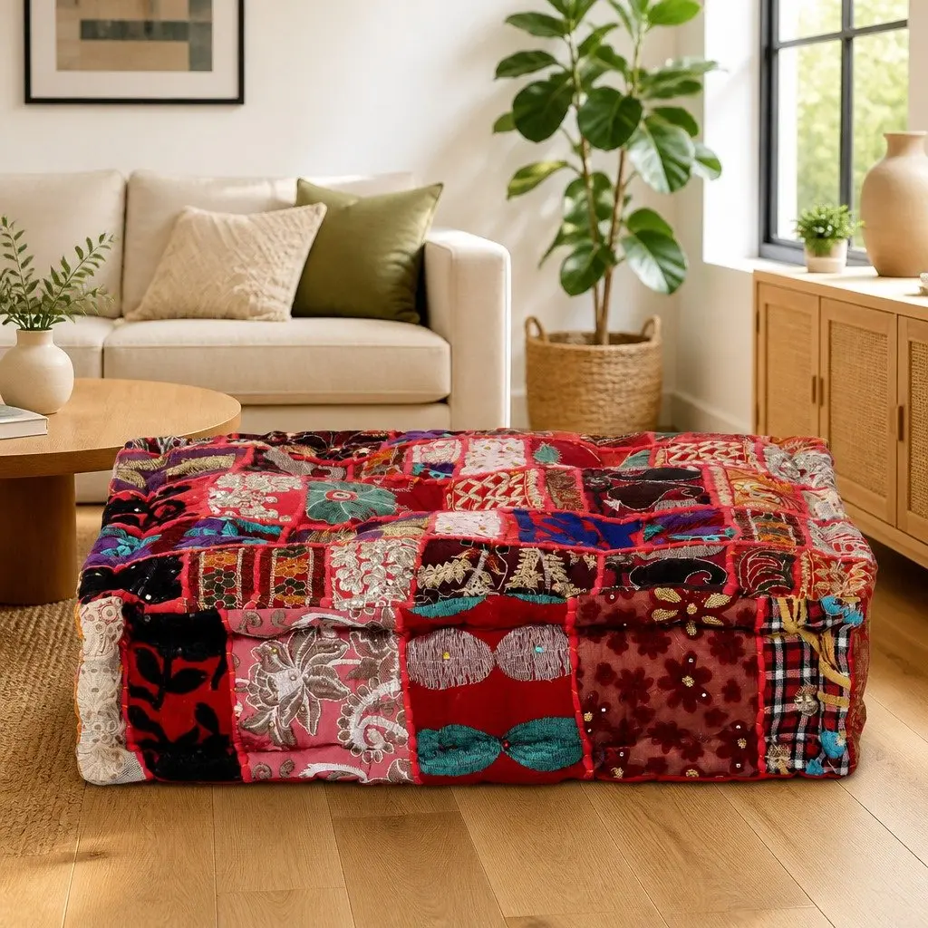 Handmade Cotton Pouffe with Embroidery