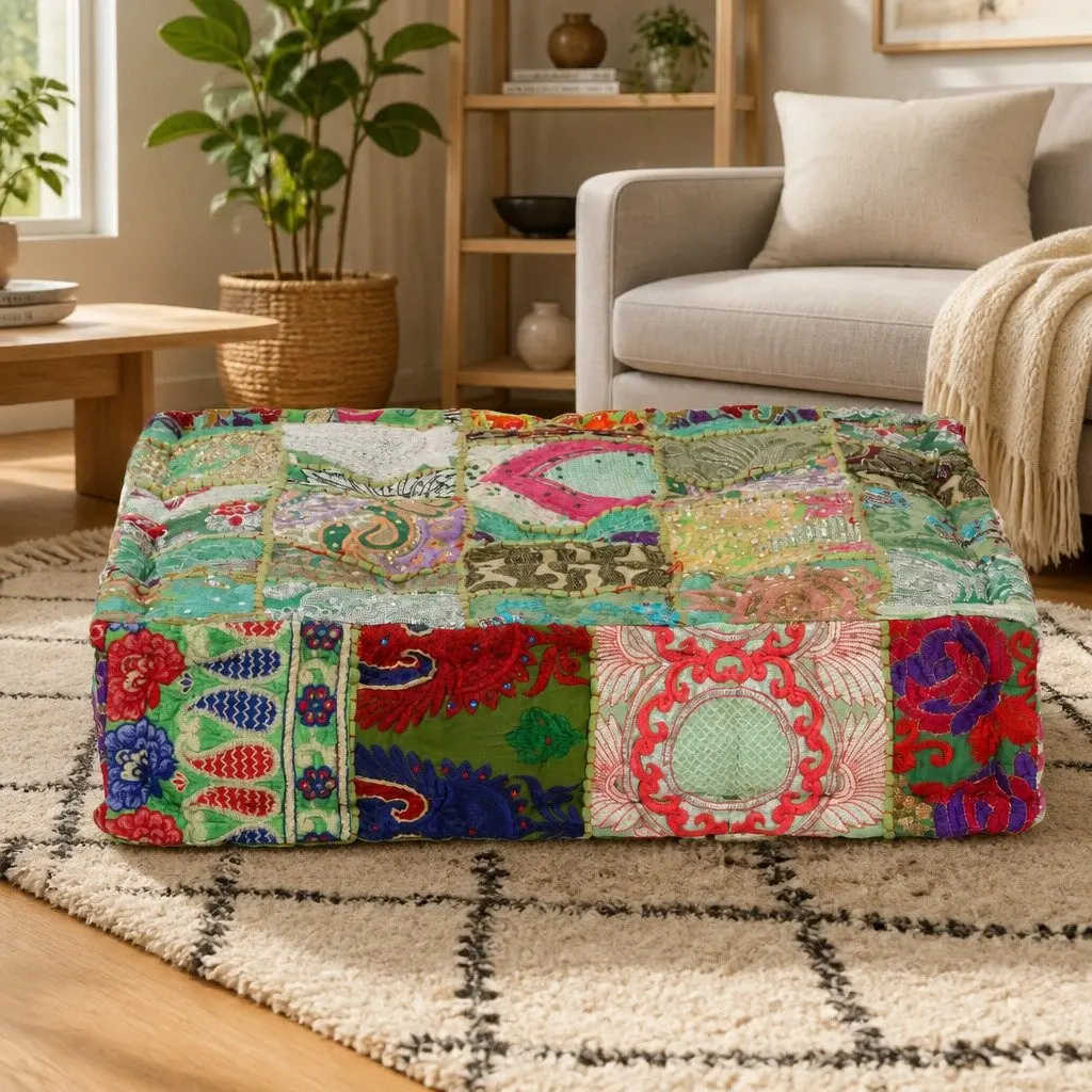 Patchwork Pouffe Multicolour Square Handmade Foot Rest Stool Ottoman