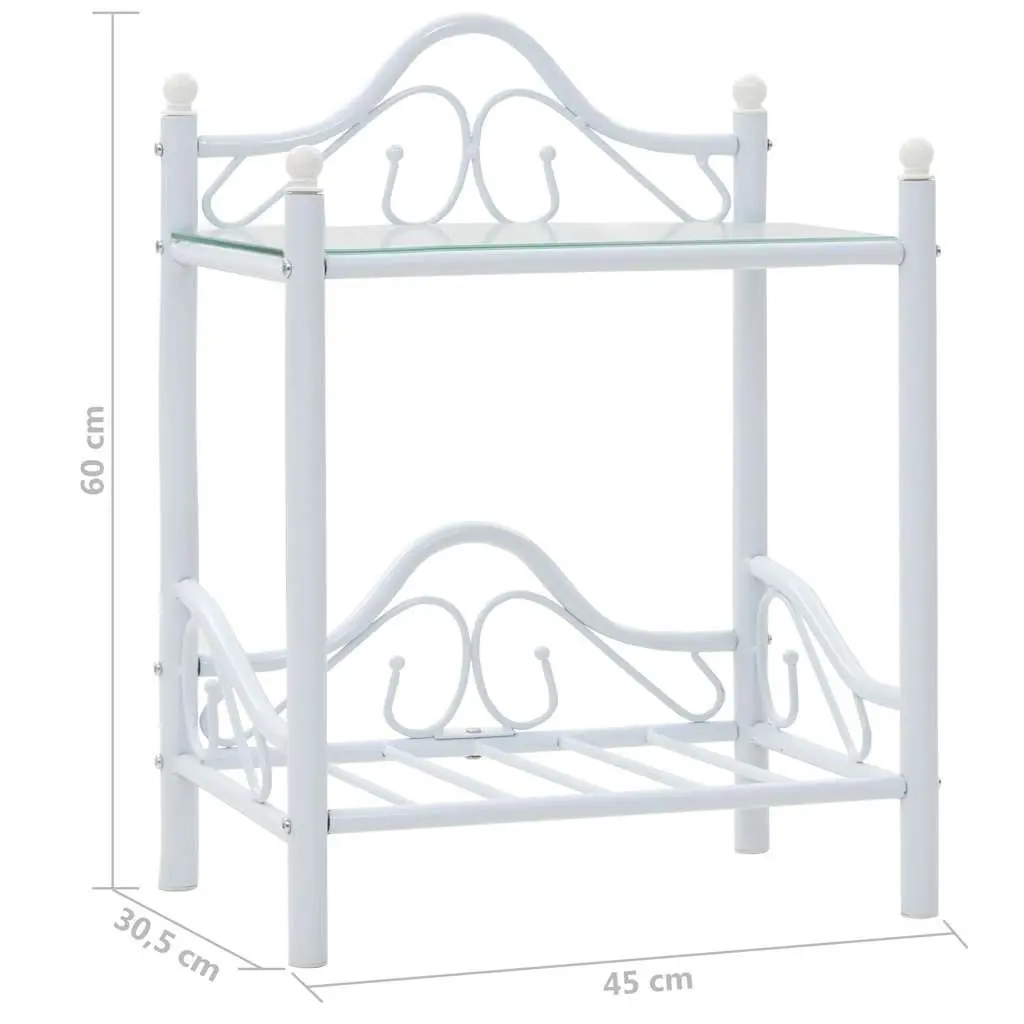 Steel Frame Nightstand White Tempered Glass 2 Shelf Bedside Table Furniture