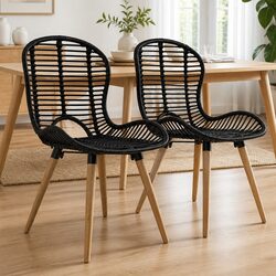 Natural Rattan Dining Chairs Set of 2 Kitchen Room Furniture Black Wooden Legs