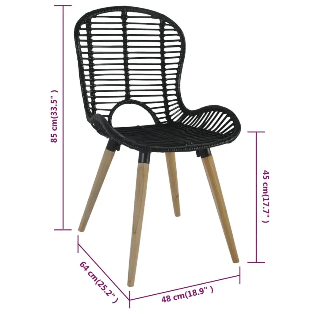 Dining Chairs Black Natural Rattan Water Resistant Vintage Style Set of 2