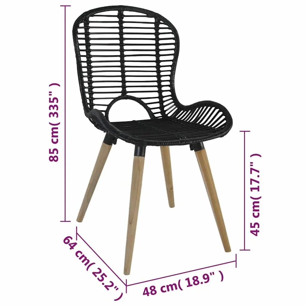 Dining Chairs Black Natural Rattan Wooden Legs Water Resistant Easy to Clean Set of 4