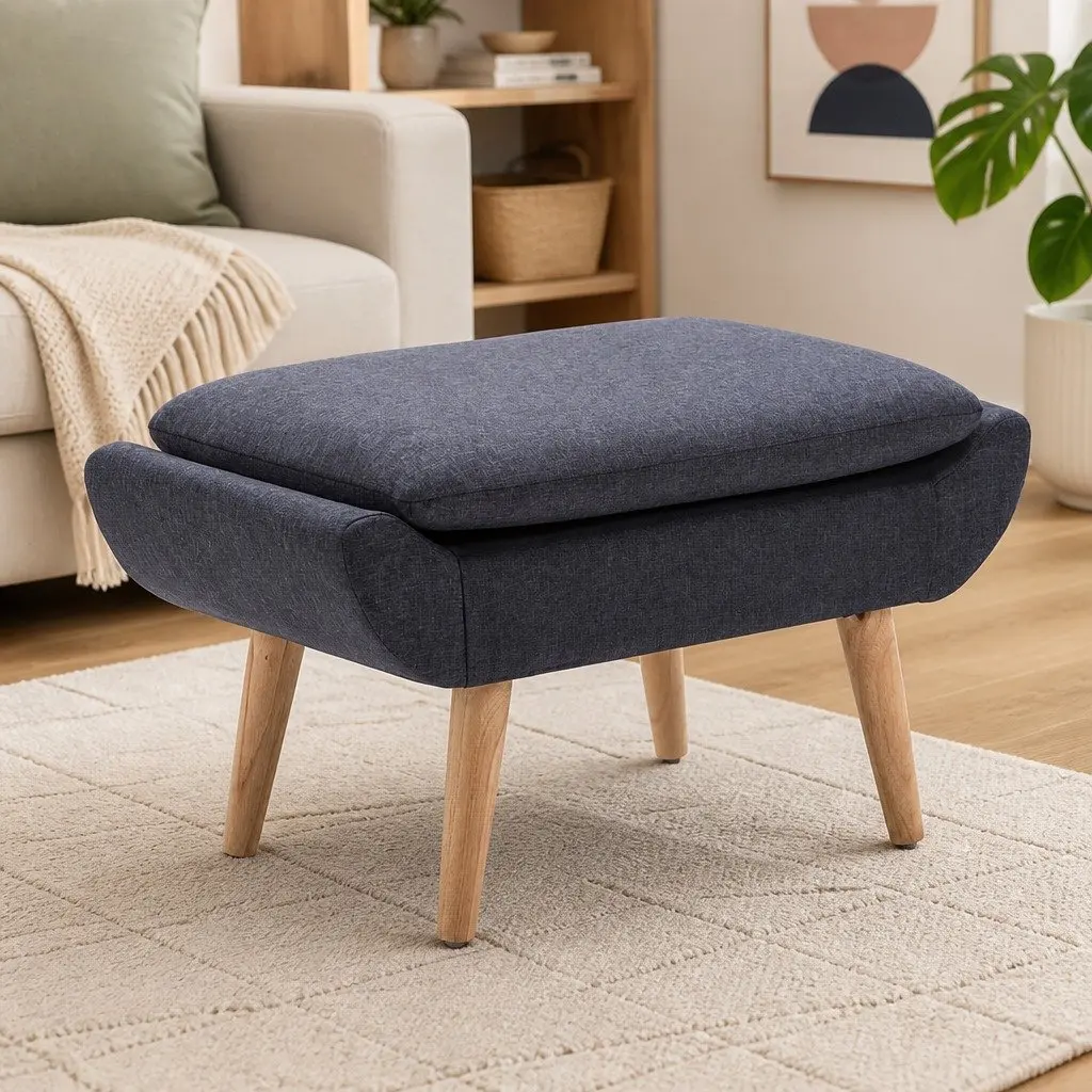 Upholstered Footstool Ottoman Grey Fabric Padded Seat Living Room