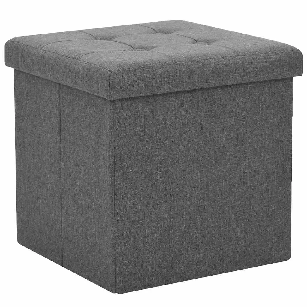 Folding Storage Stools Set of 2 Grey Faux Linen Seat Ottoman Box Furniture