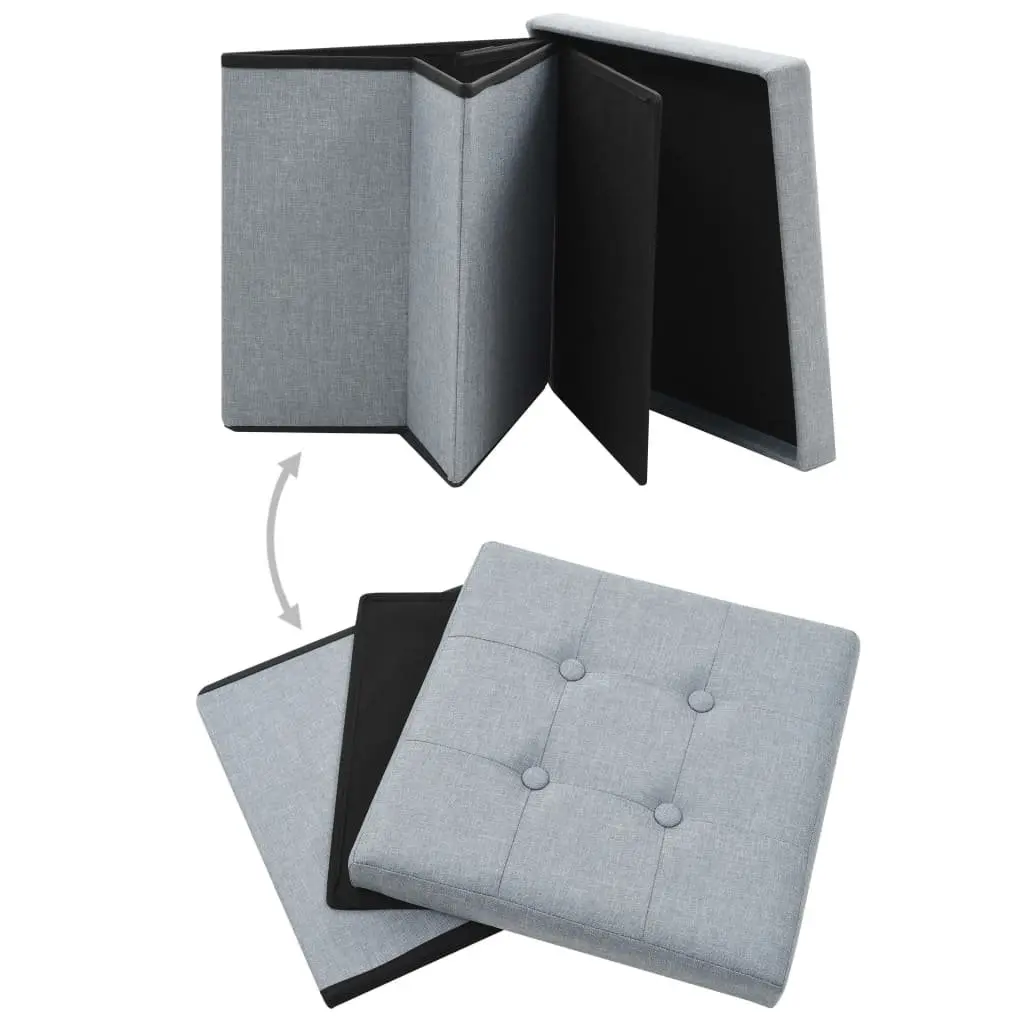 Folding Storage Stools Grey 2 Piece Faux Linen Upholstered Seat Removable Top