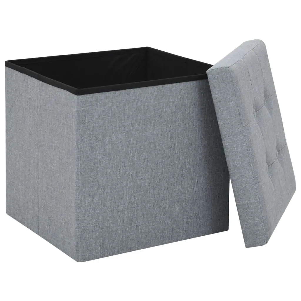 Folding Storage Stools Grey 2 Piece Faux Linen Upholstered Seat Removable Top