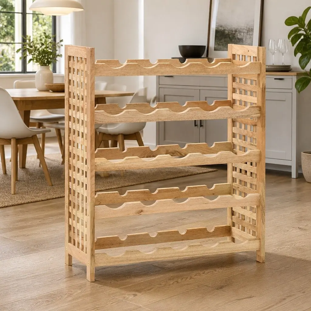 Wine Rack Beige 5-Tier Solid Walnut Wood Storage Cabinet