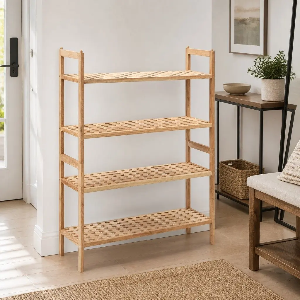 Shoe Rack Beige 4 Shelves Walnut Wood Storage Organiser Latticed Platform