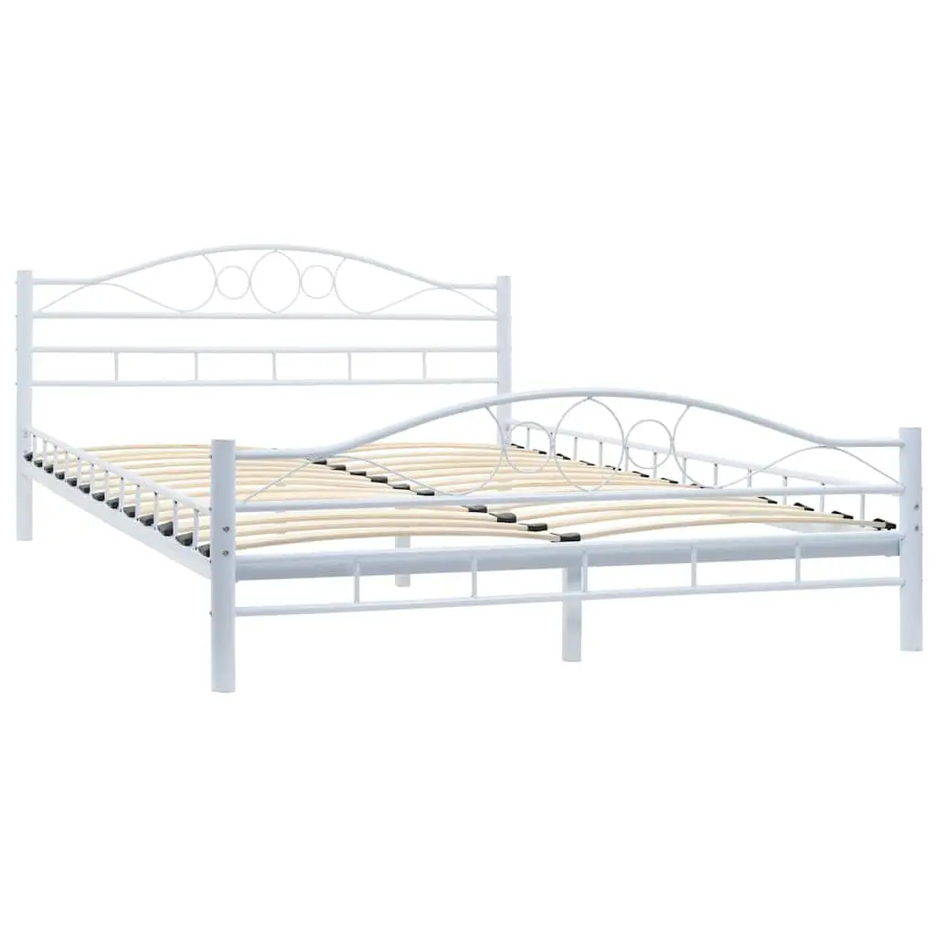 Double Bed Frame White 137x187 cm Metal Slatted Base Modern