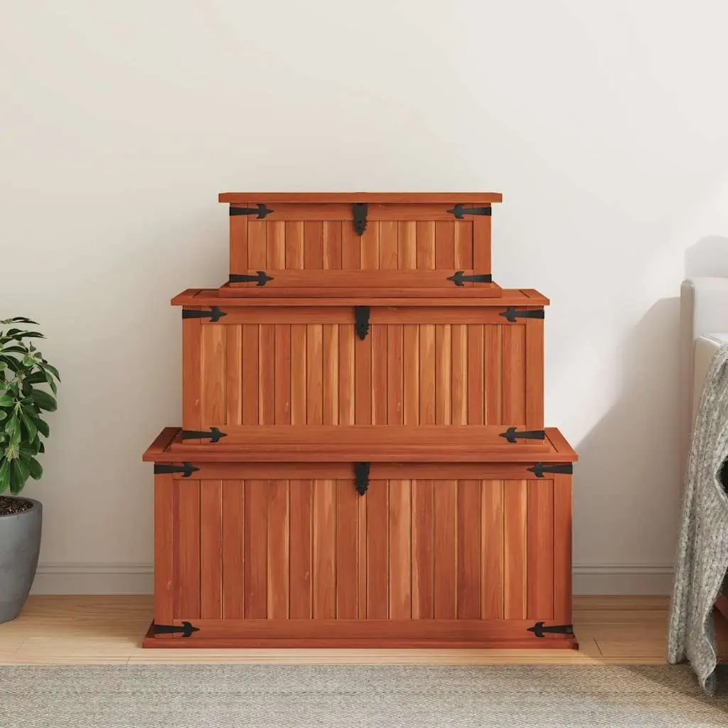 Storage Chests Brown 3 Piece Solid Acacia Wood Handmade with Front Latch and Side Handles