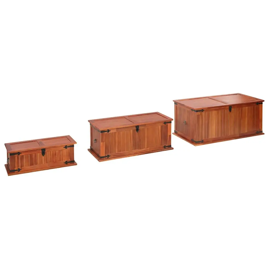 Storage Chests Brown 3 Piece Solid Acacia Wood Handmade with Front Latch and Side Handles