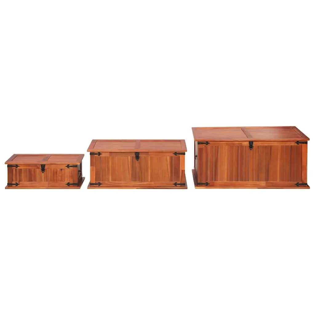 Storage Chests Brown 3 Piece Solid Acacia Wood Handmade with Front Latch and Side Handles