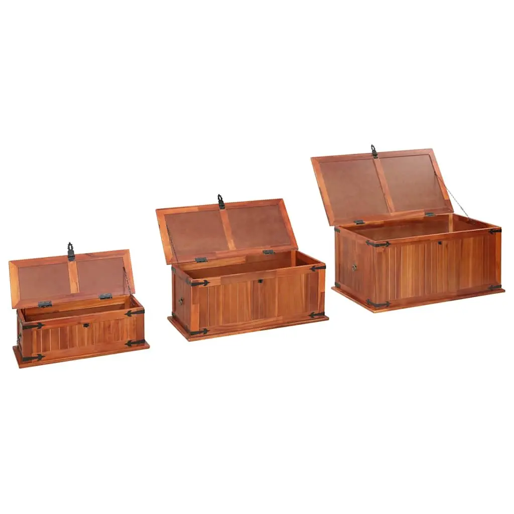 Storage Chests Brown 3 Piece Solid Acacia Wood Handmade with Front Latch and Side Handles