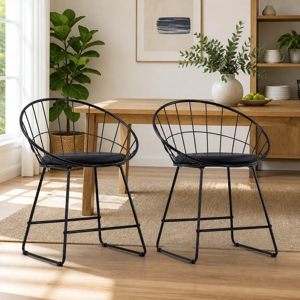 Dining Chairs Black 2 Pieces Faux Leather Cushion Steel Frame