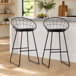 Bar Stools Set 2 Pieces Black Faux Leather Cushioned Kitchen Dining Chairs