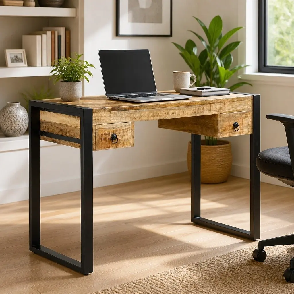 Solid Mango Wood Desk Brown 110x50x77 cm with 2 Drawers and Reinforced Steel Frame for Home Office Use