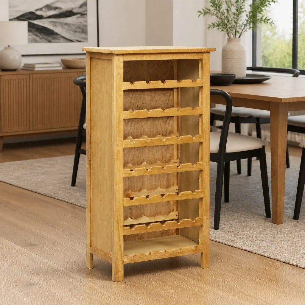 Solid Oak Wood Wine Cabinet Brown 7 Shelves Display Storage Organizer