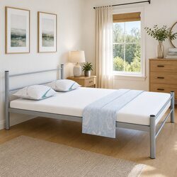 Double Bed Frame Metal Grey Slatted Base Design No Mattress