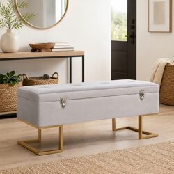 Grey Velvet Storage Bench with Interior Compartment