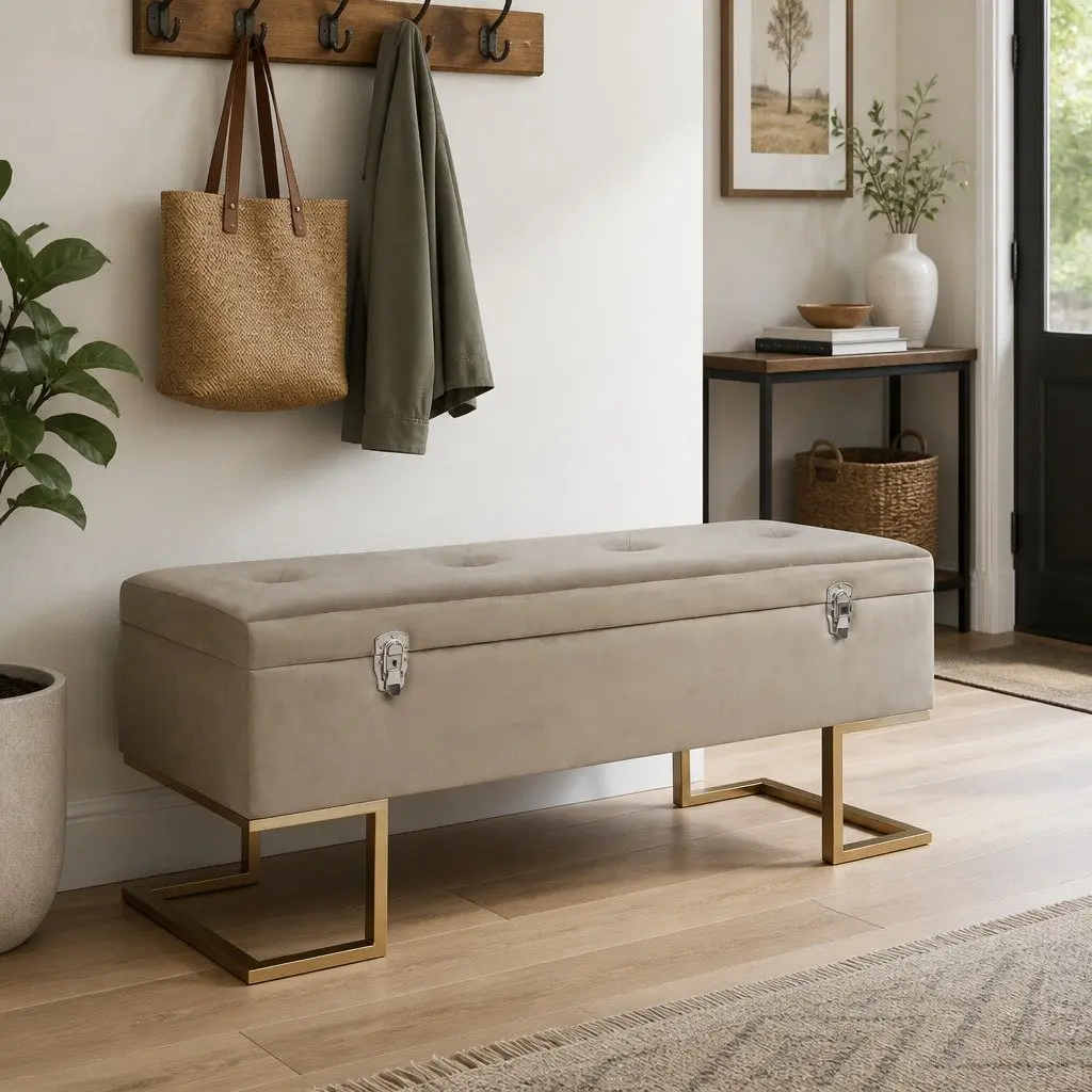 Storage Bench Beige Velvet 105 cm Upholstered Entryway Seating with Compartment