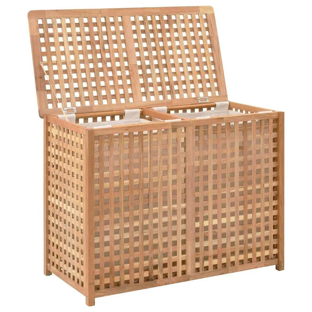 Wooden Laundry Bin with Two Compartments Brown Storage Basket Bedroom Bathroom