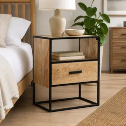 Solid Wood Nightstand with Steel Legs and Drawers
