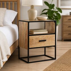 Solid Wood Nightstand with Steel Legs and Drawers