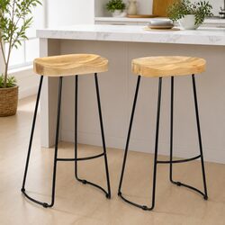 Bar Stools 2 pcs Solid Mango Wood Retro Vintage Wooden Kitchen Counter Seat