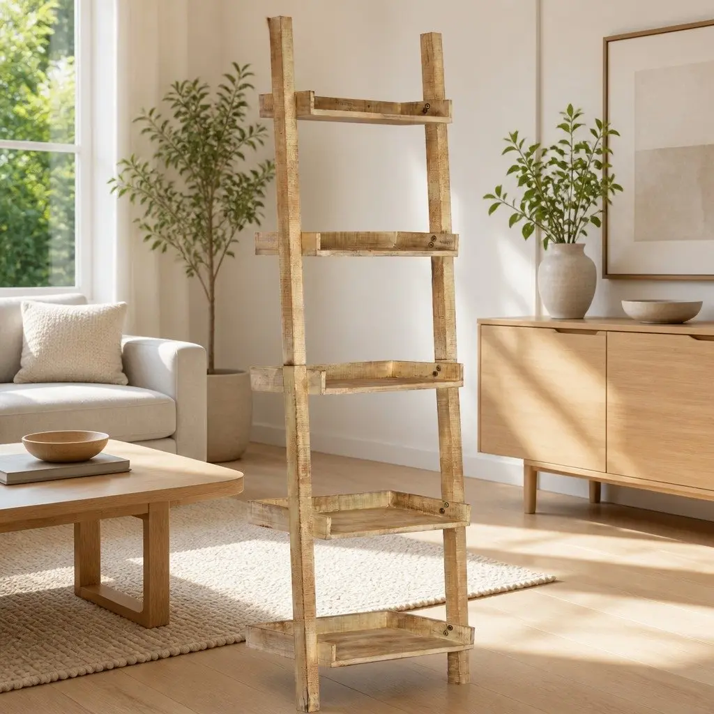5-Tier Ladder Shelf Brown Solid Mango Wood Display Rack for Books Plants and Decor
