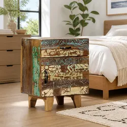 Bedside Cabinet Hand Carved Solid Reclaimed Wood Nightstand Storage Drawer Door
