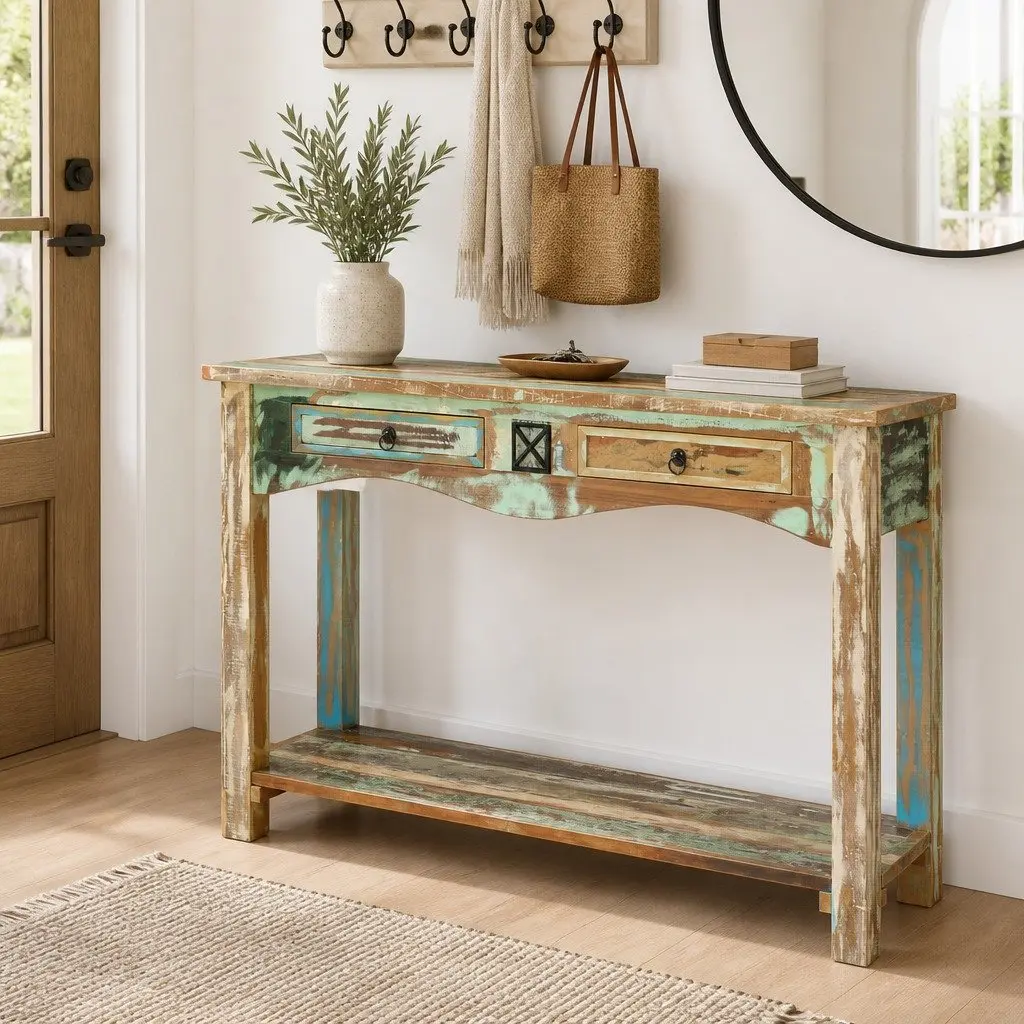 End Table Multicolour 120x40x75cm Solid Reclaimed Wood Drawers Shelf