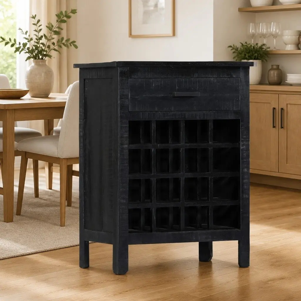 Wine Rack Black Wooden Storage Cabinet Display Stand Mango Wood 56x35x75cm