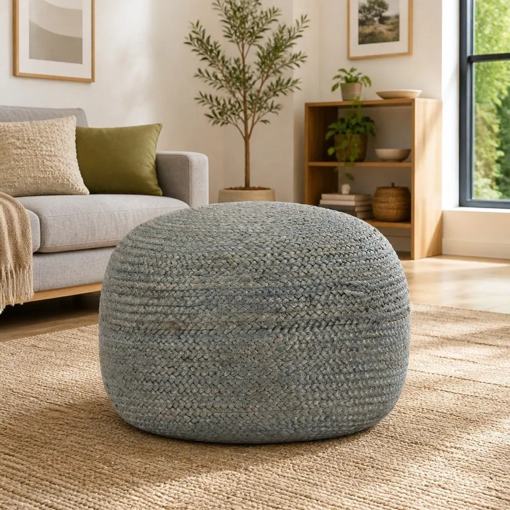 Olive Green Jute Pouffe Footrest, Handmade 45x30cm