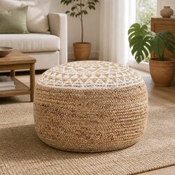 Handmade Pouffe Footstool White Braided Jute Foot Rest Comfortable Home Decor