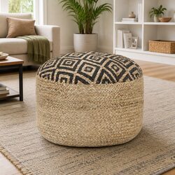 Handmade Pouffe Footstool Black Braided Jute Relaxing Foot Rest Home Decor