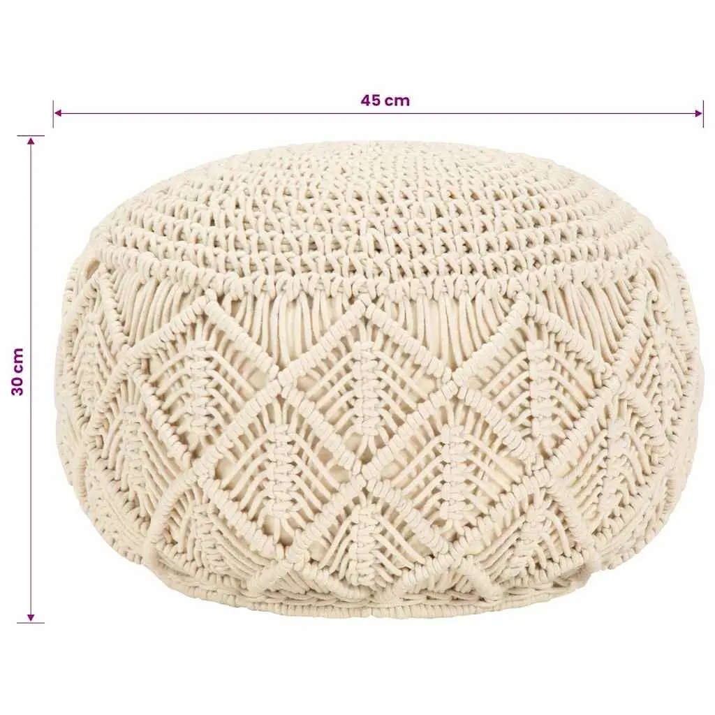 Macrame Pouffe Footstool Beige 45x30cm Handmade Cotton Round Pouf Boho Seat Footrest