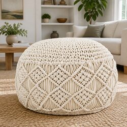 Macrame Handmade Pouffe Footstool Beige Cotton Braided Contemporary Home Decor