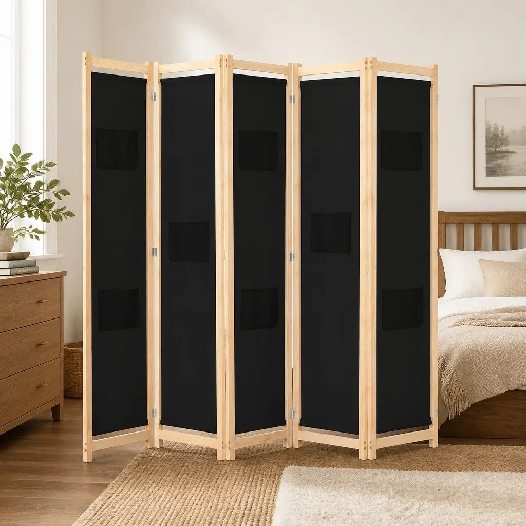 5-Panel Room Divider Black Freestanding Wooden Frame Fabric Screen Folding