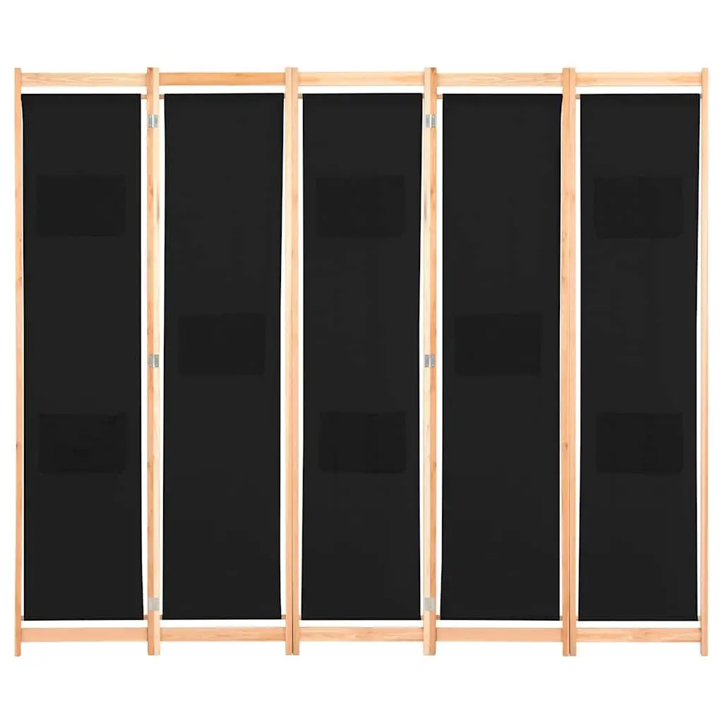 5-Panel Room Divider Black Freestanding Wooden Frame Fabric Screen Folding
