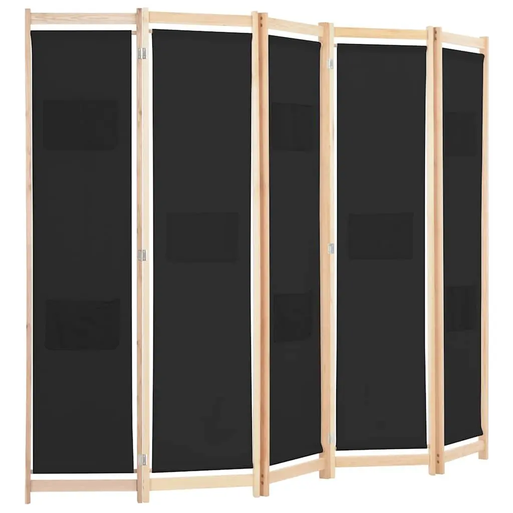 5-Panel Room Divider Black Freestanding Wooden Frame Fabric Screen Folding